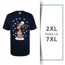 Tricou cu Motiv de Craciun din bumbac Rudolf pe Cos Navy - T-SHIRT RUDOLF PE COS NAVY - 2XL 3XL 4XL 5XL 6XL 7XL
