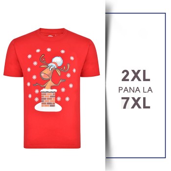 Tricou cu Motiv de Craciun din bumbac Rudolf pe Cos Rosu - T-SHIRT RUDOLF PE COS RED - 2XL 3XL 4XL 5XL 6XL 7XL