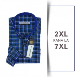 Camasa cu Maneca lunga in carouri dintr-un mix de bumbac si poly- PREMIUM BLUE-  2XL 3XL 4XL 5XL 