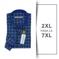 Camasa cu Maneca lunga in carouri dintr-un mix de bumbac si poly- PREMIUM BLUE-  2XL 3XL 4XL 5XL 