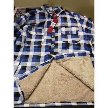 CAMASA CU MANECA LUNGA, IMBLANITA -SHERPA LINED - din bumbac cu blanita din polyester, carouri albastru cu alb - 2XL 3XL 4XL 5XL 