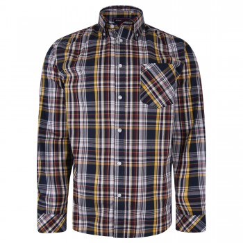 Camasa cu Maneca lunga in carouri albastre-galben-grena din bumbac 100%- LS CASUAL CHECK  NAVY -2XL 3XL 4XL 5XL-6XL