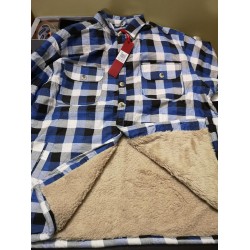 CAMASA CU MANECA LUNGA, IMBLANITA -SHERPA LINED - din bumbac cu blanita din polyester, carouri albastru cu alb - 2XL 3XL 4XL 5XL 